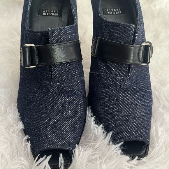 Stuart Weitzmen Peep Toe Denim Upper Leather Boots 8.5 - Picture 9 of 13